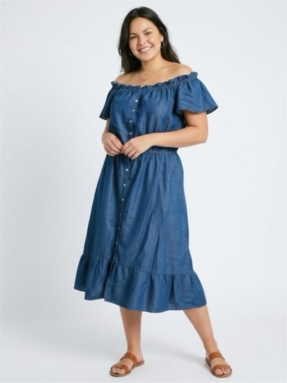 Ashley Stewart Women's 14/16 Off The Shoulder Ruffle Maxi Tencil Dress